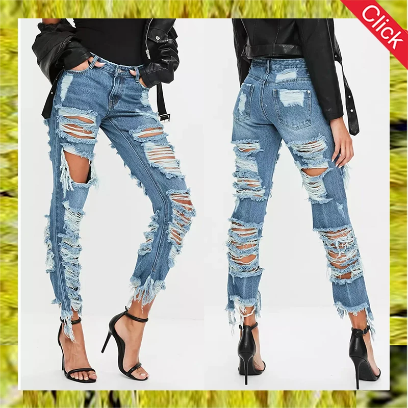 Fancy girls stylish scratch trousers guangzhou female women ripped destroyed denim damaged jeans