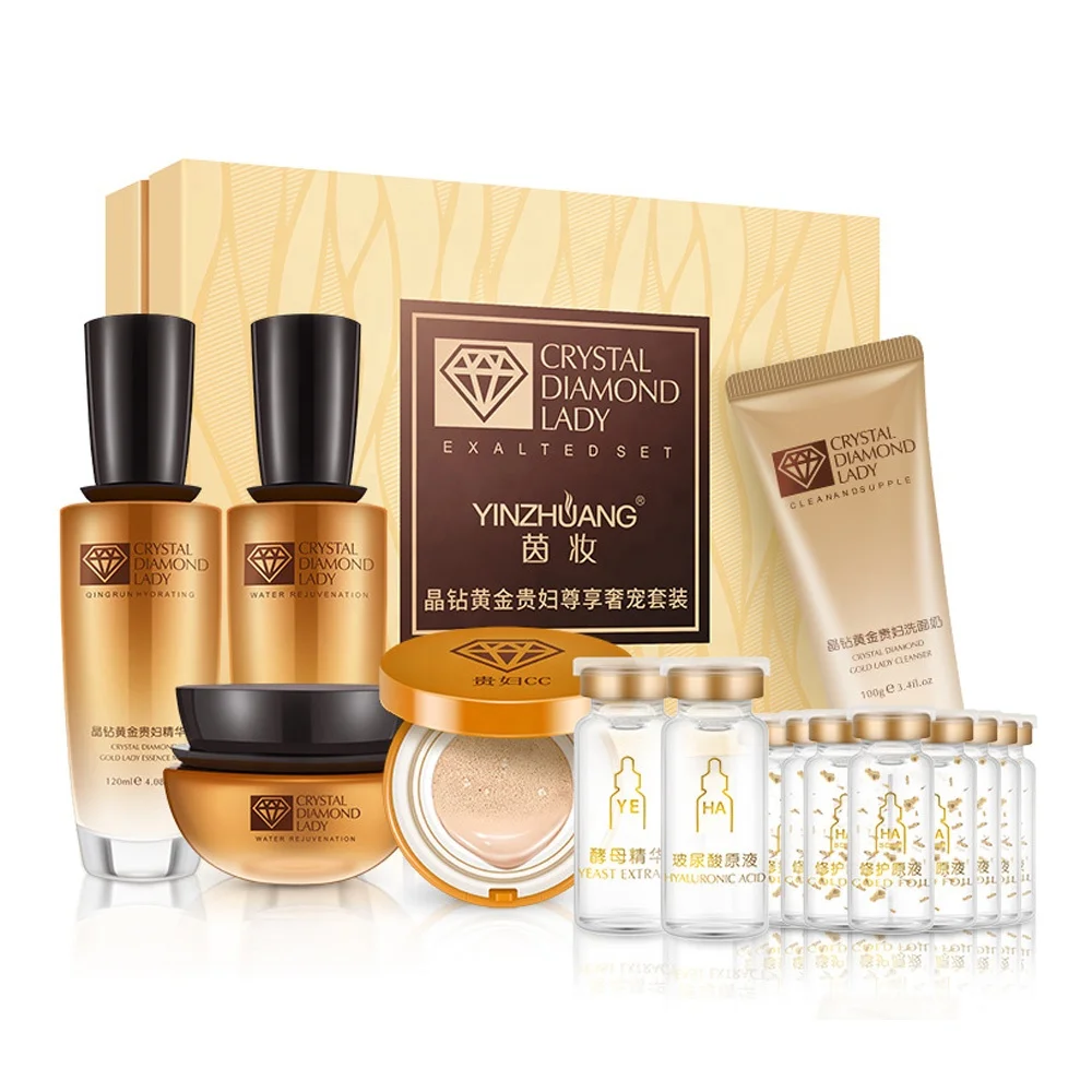 Оптовая продажа золотой уход за кожей очищающее средство для лица тоник для кожи эссенция лосьон увлажняющий крем CC воздушная подушка 24K сыворотка 17 в 1 косметический набор