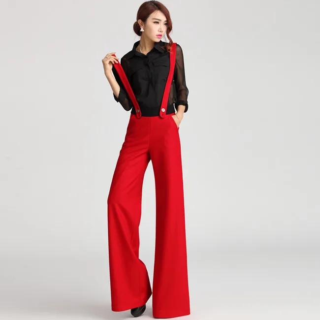 Winter Wool Ladies Wide Leg Palazzo Pants Suspenders Pants