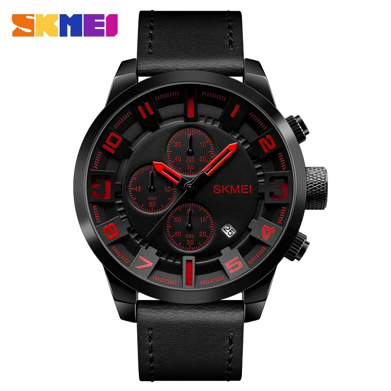 OEM accept SKMEI mens Watches Men Big Dial Stopwatch Leather Strap Waterproof  Male Clock  Men Fashion Watch Relogio Masculino