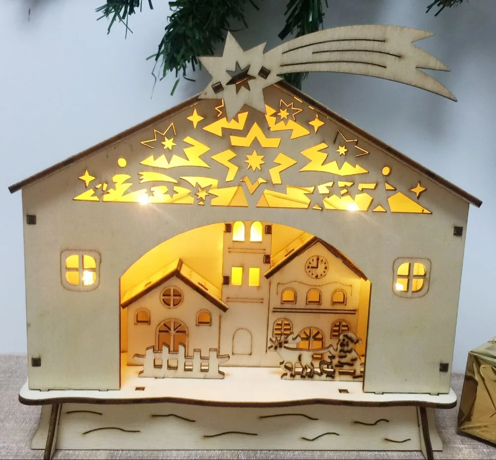 Теплые белые светодиодные светильники, деревянные рождественские украшения, рождественские украшения, церковный дом