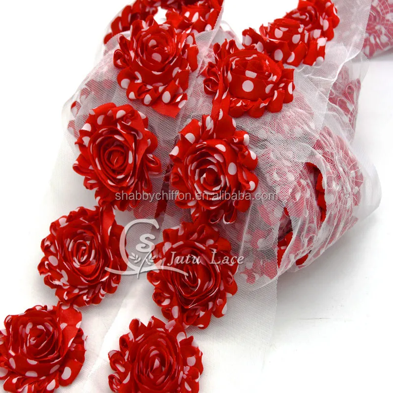 
Wholesale decorative Shabby Flower trim By The Yards , Rosette Chiffon Fabric Flowers in printed polka-dots color 