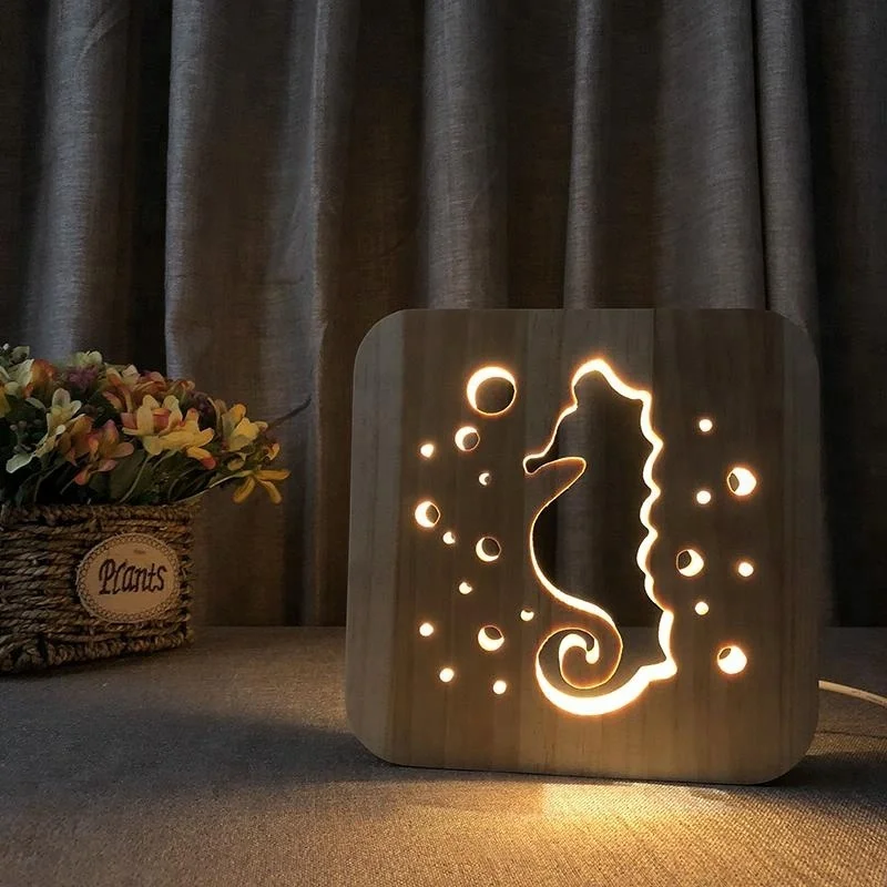 custom natural wood christmas craft dog design effect led night stand light wooden table lamp