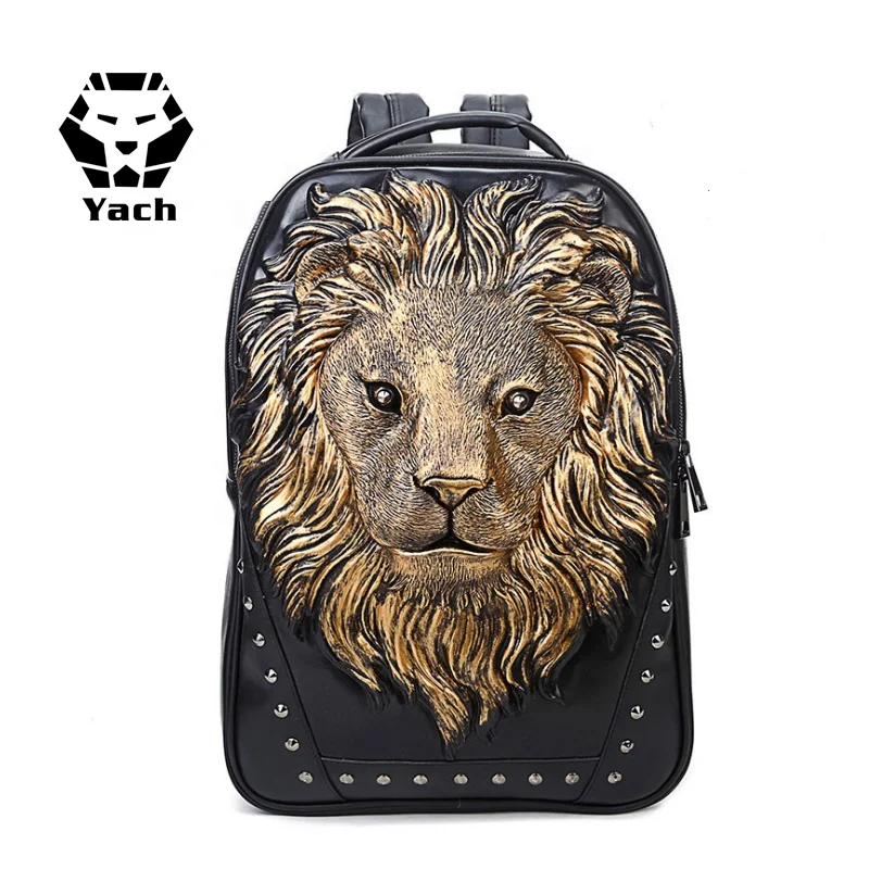
Manufacturer pu backpack male foreign trade 3D animal lion head outdoor cool travel computer bag pu leather laptop backpack 