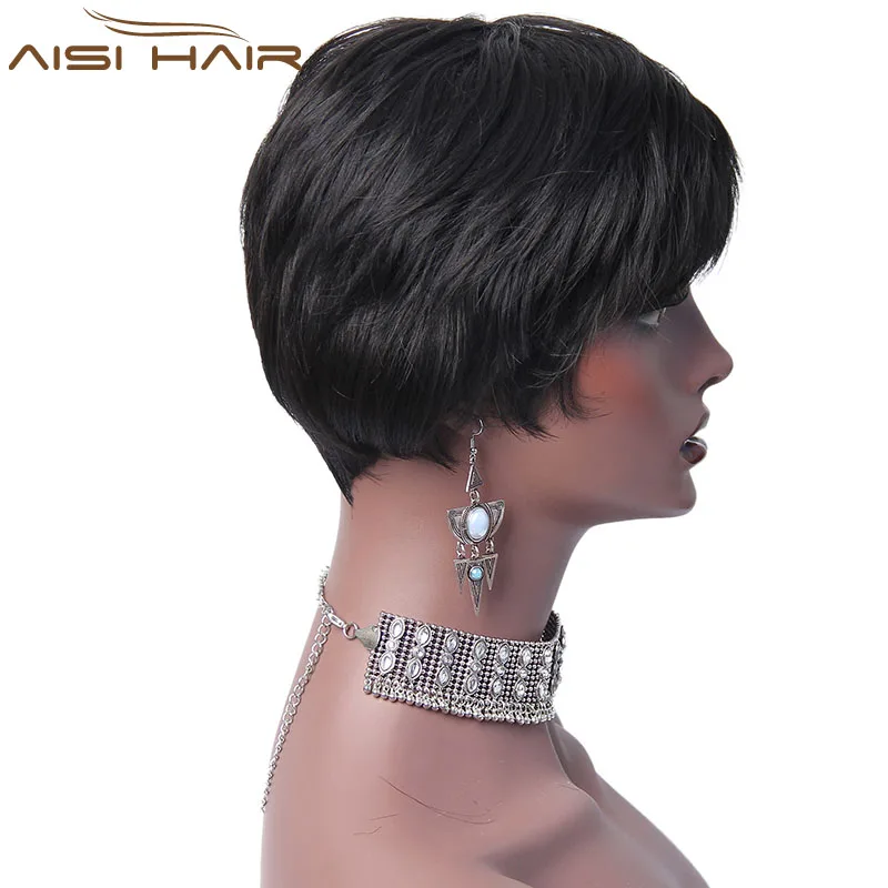 Aisi Hair Wholesale Short Straight Synthetic Black Pixie Cut Wig for Black Women