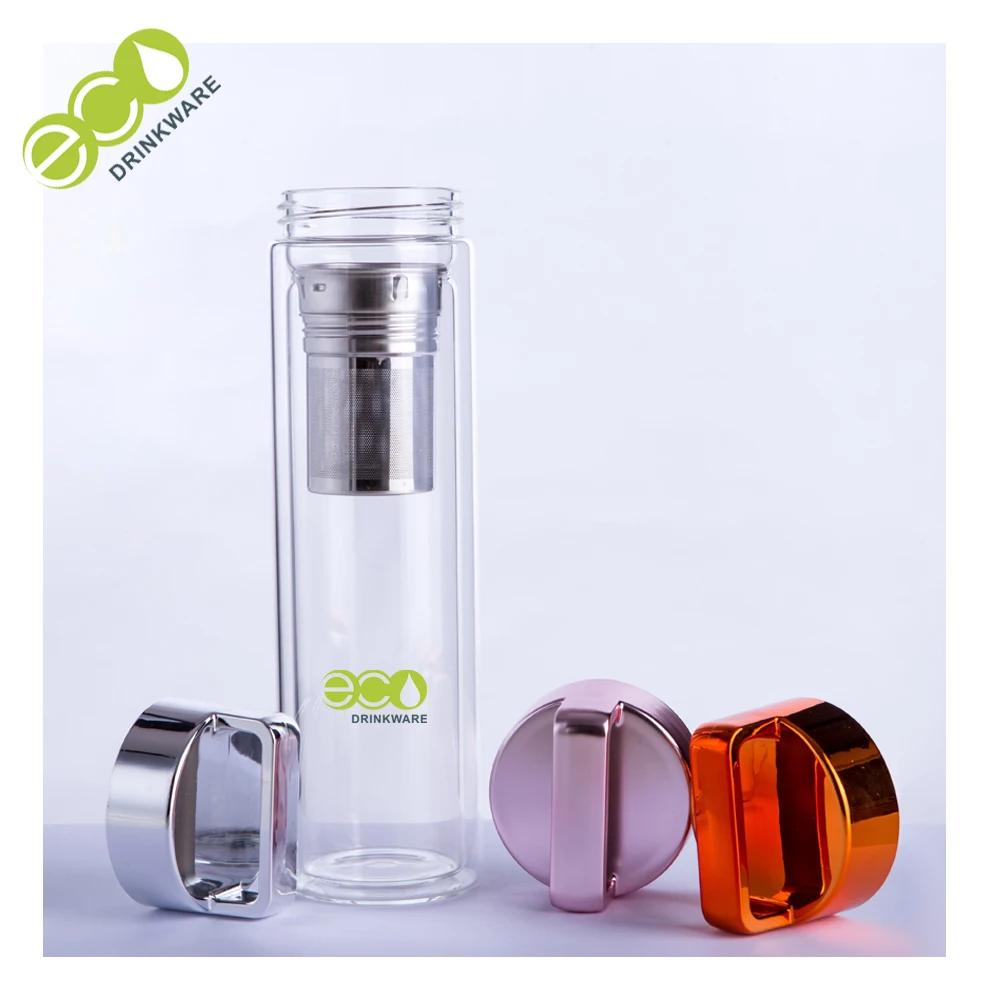 Stocked GA6080 450ML/16OZ shiny loop lid double wall borosilicate glass tea infusion water bottle tumbler