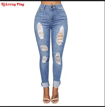 Blue Black Ripped Jeans Women High Waist Mom Stretch Ripped Jeans Skinny Pants Hole Baggy Trousers Long Denim Jeans Pants