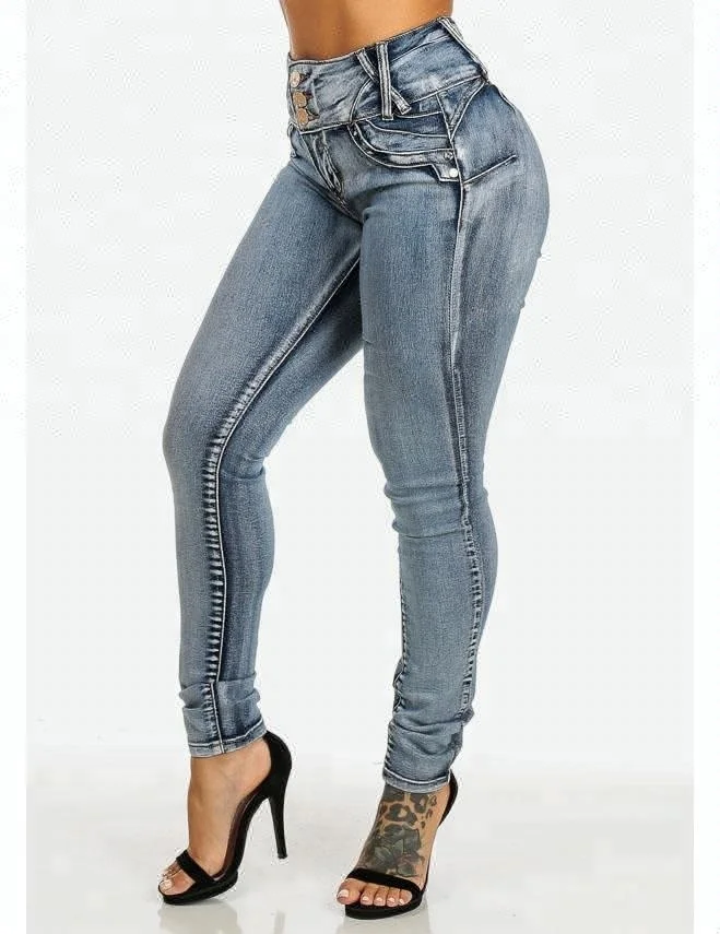 Royal wolf denim jeans manufacturer gray bleached wash colombian skinny butt lift women levanta cola jeans