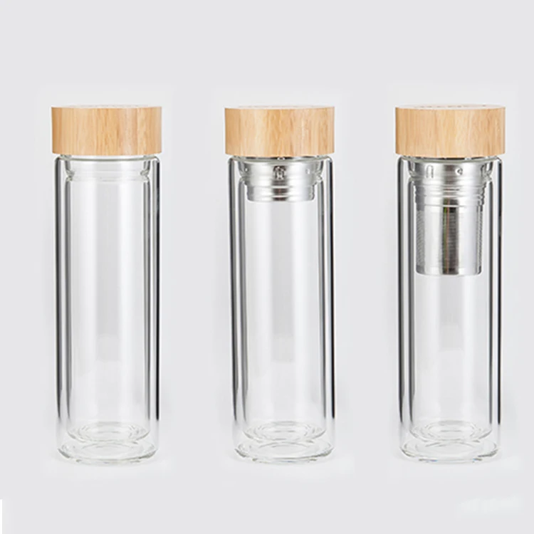 Food Grade BPA Free Travel Size Bamboo Lid Glass Drinking Water Bottle With Tea Infuser