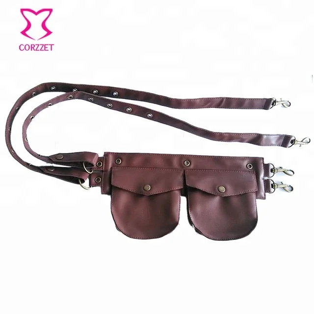 Corzzet Unisex Brown Faux Leather Buttons Small Belt Bag Gothic Corset Cool Waist Pocket Steampunk Pouch Clothing Accessories