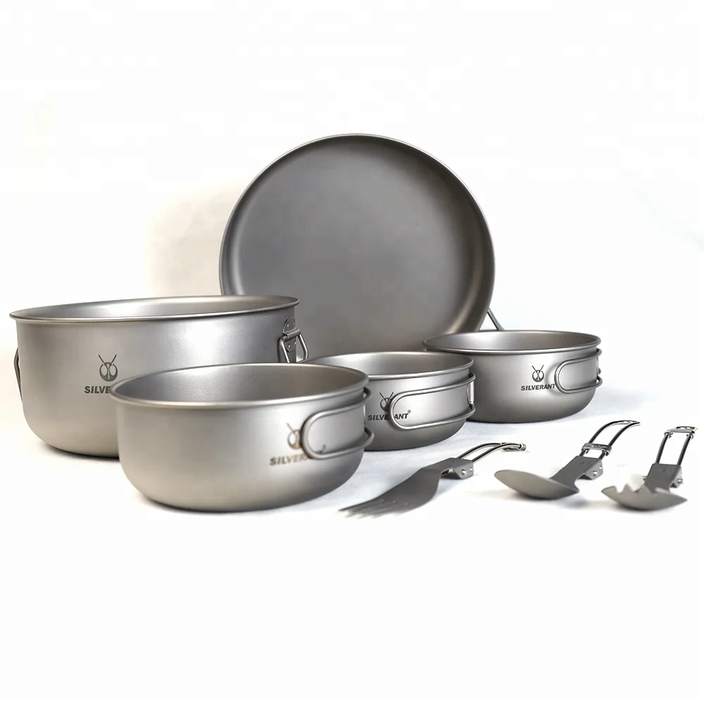 Ultralight Eight-piece Outdoor Camping Titanium Food Set Camping Equipment Cookware Folding Handle Pan Bowl Knife Spork Tools
