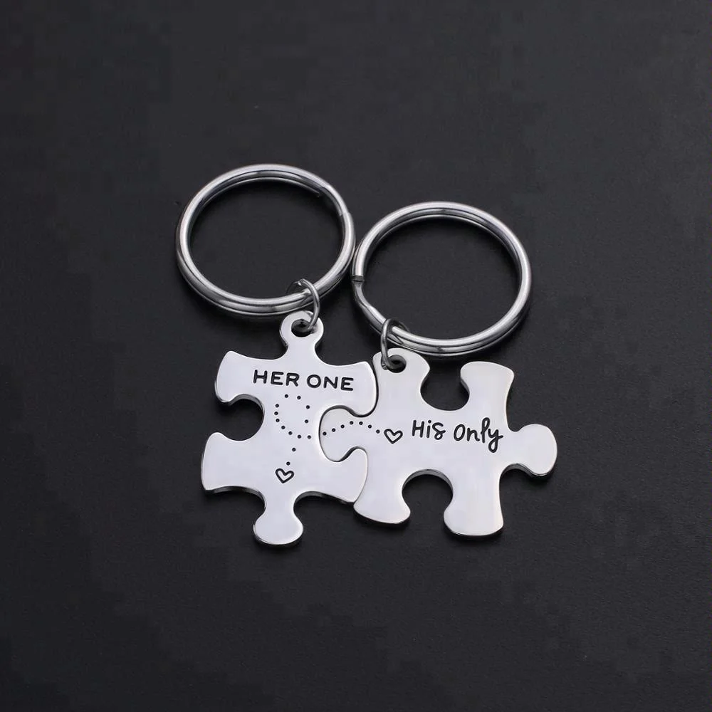 316L Stainless Steel Jewelry Puzzle Piece Keychain HER ONE HIS ONLY Couple Keychain
