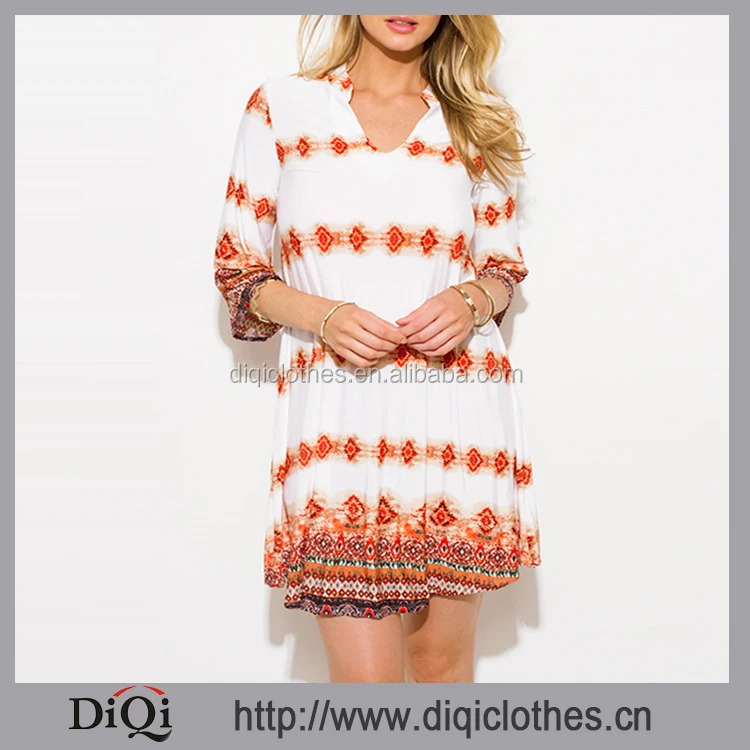 Newest Women Dresses Wholesale Red White Multicolor Abstract Ethnic Print Indian Collar Tunic Boho Mini Dress