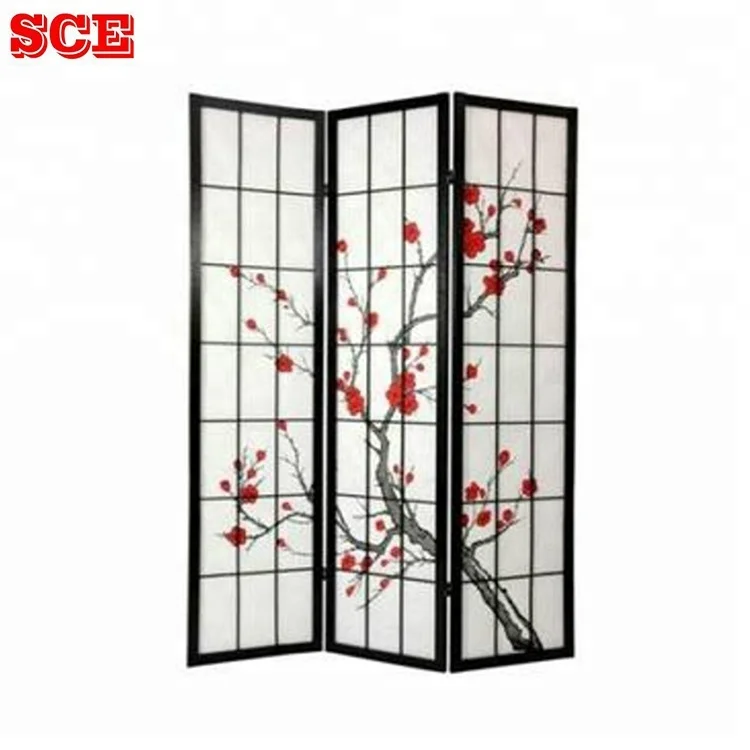 Japanese 3-Panel Wooden folding screen room divider