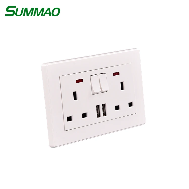 2 Gang Switches 3 Pins 13A Power Electric Outlet Wall Socket Double UK Socket With 2 USB Ports