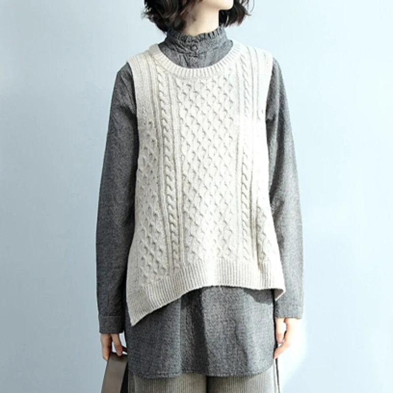 
young girl cotton cashmere o neck cable knit loose pullover vest with divarication 