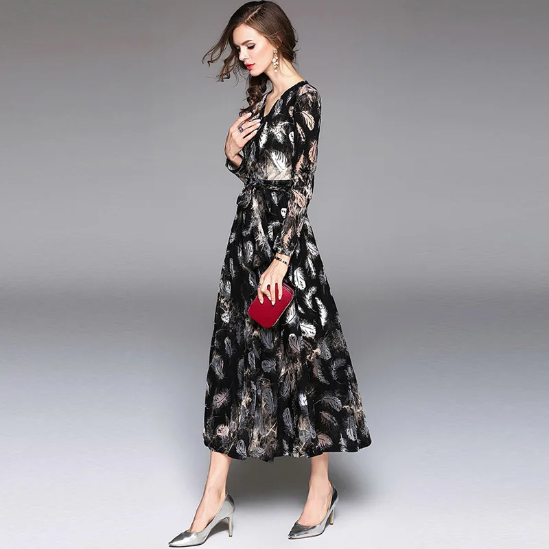 Ladies V Neck Mesh Long Sleeve Belted Boutique Flocked Embellished Tunic Dress