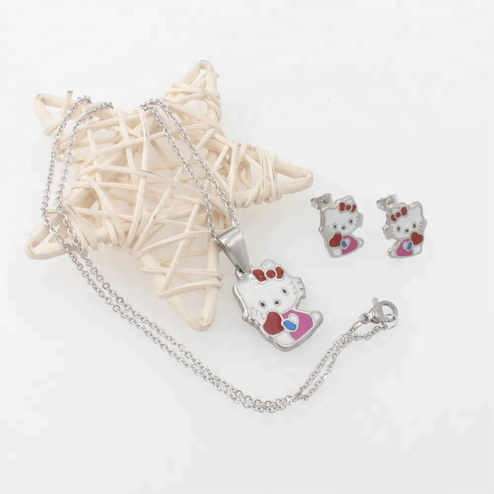 Wholesale Cartoon Kids Children Epoxy Stainless Steel Gold Plated Enamel Jewelry Sets  Earring Pendant Set