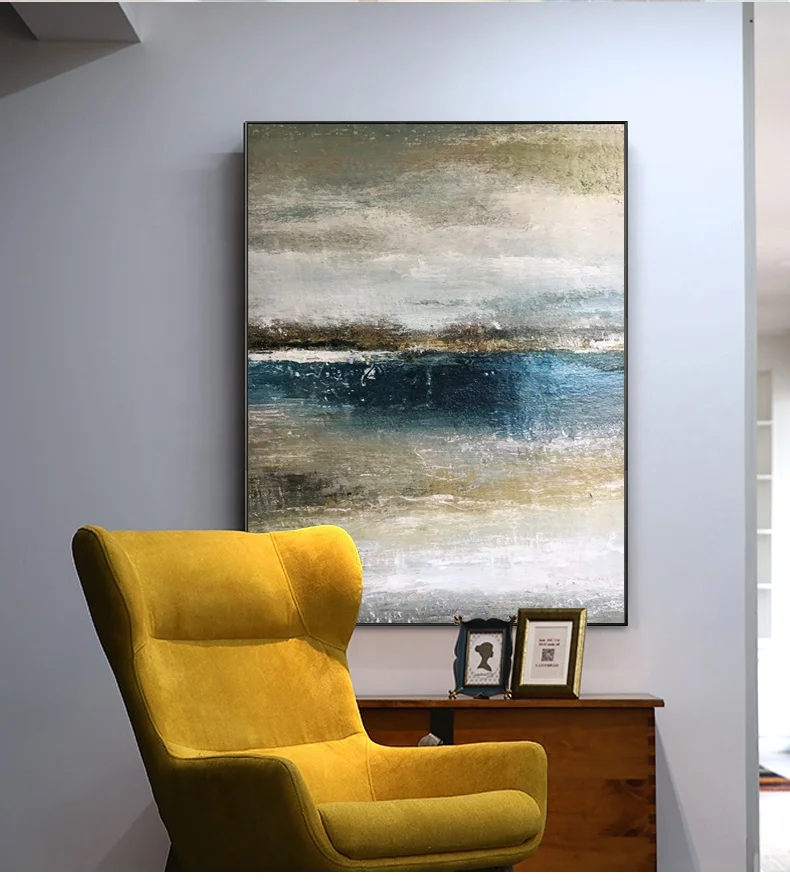 Abstract Artwork Painting Oil Wall Art Village Living Room Decorative Handpainted Canvas Blue Color Oil Painting Green Leaves