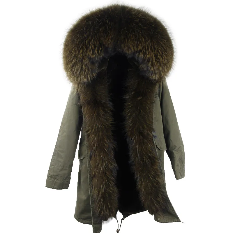 Large Real Raccoon Fur Collar Parka Coat Hooded Casual Warm Long Style Custom Parka Jacket Best Quality Womens Parka With Fur