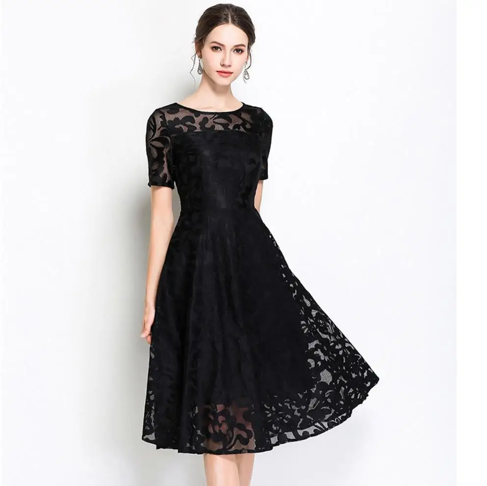 
summer high quality women navy blue lace dress 