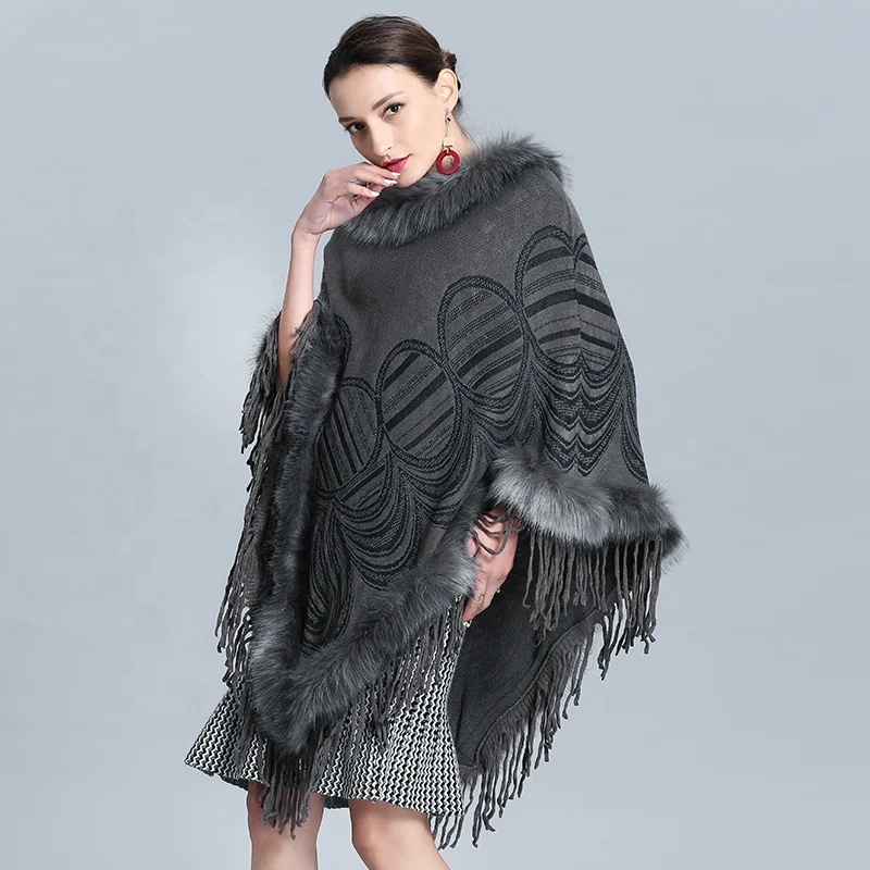 
New design faux fox fur collar faux cashmere head cloak ladies knitted fur shawl 