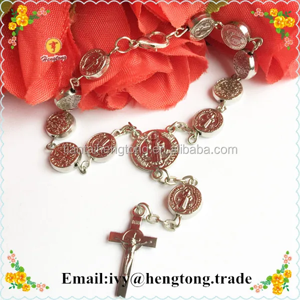 metal alloy round beads religious bracelets cathlolic benedict rosary bracelet