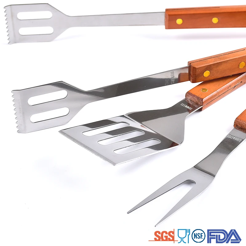 
Outdoor portable 4 pcs wooden handle barbecue tool set 