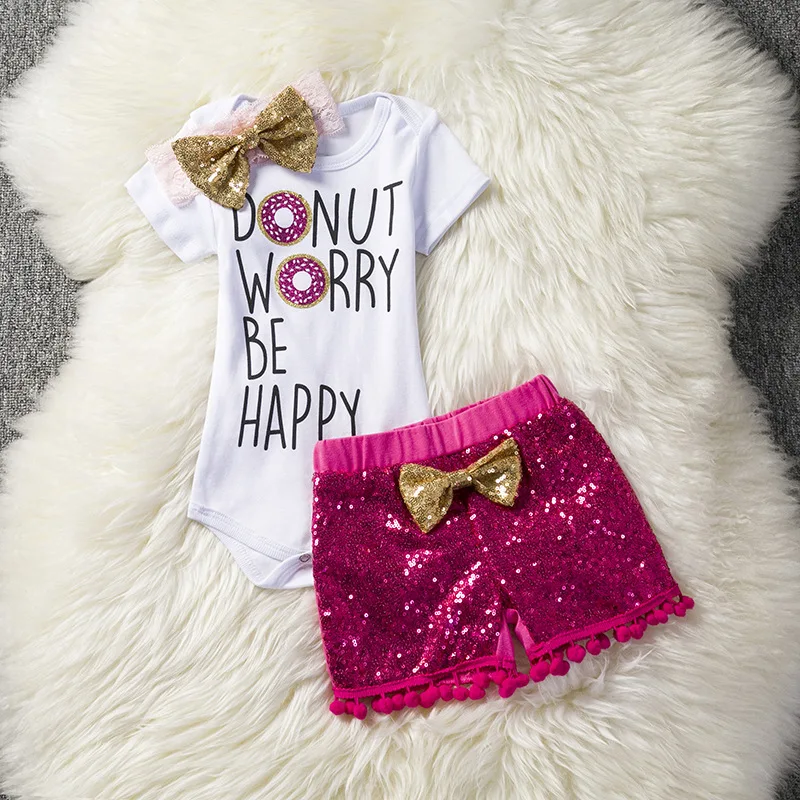 3Pcs/Set Newborn Baby Girl Cotton Top Rompers +Sequin Tassel Pants+Headband Outfits Sunsuit Set Clothes