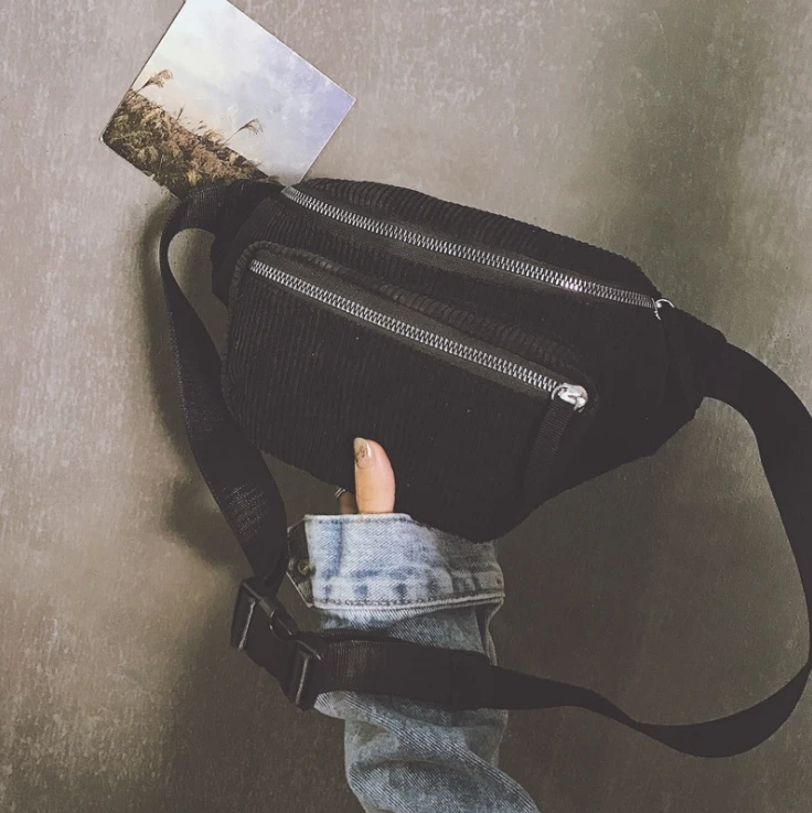 New Leisure Zipper Corduroy Messenger Bag Chest Waist Bag Packs For Ladies