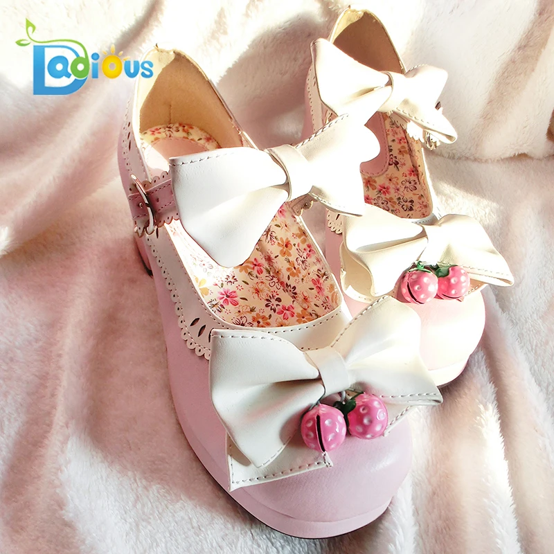 DDLG Little Girls Womens Bows Bells Buckle Lolita Shoes Cosplay Chunky Mid Heels For Ladies