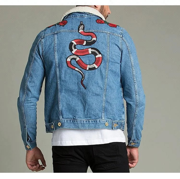 Royal wolf denim garment factory light blue borg collar snake rose embroidered denim men jacket jeans