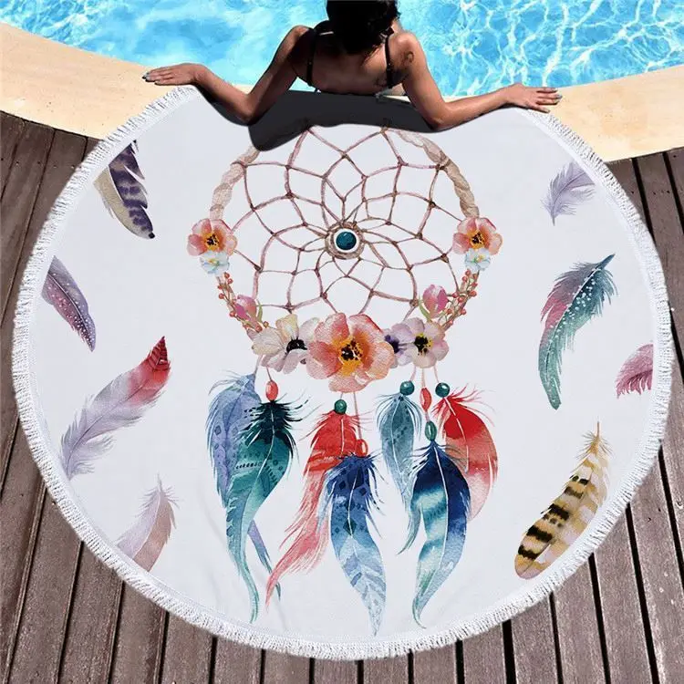Terry Teenage Girl Beach Towel Yoga Mat Colorful  Dreamcatcher Round Beach Towel For Women