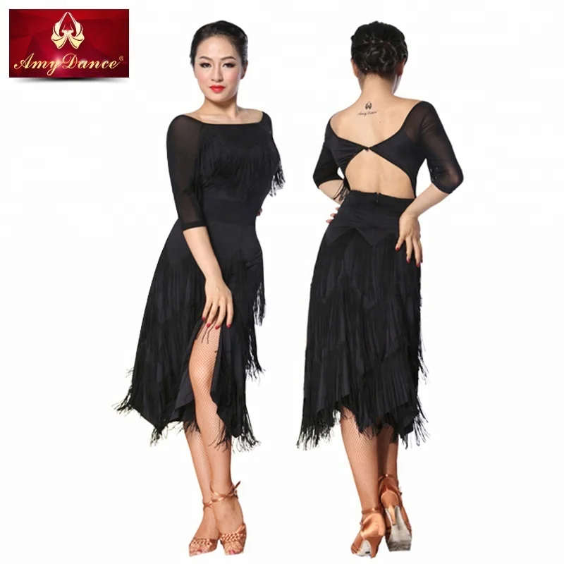 
Adults women sexy backless fringe black dancing practice latin wear with bra inside latin dance costume 