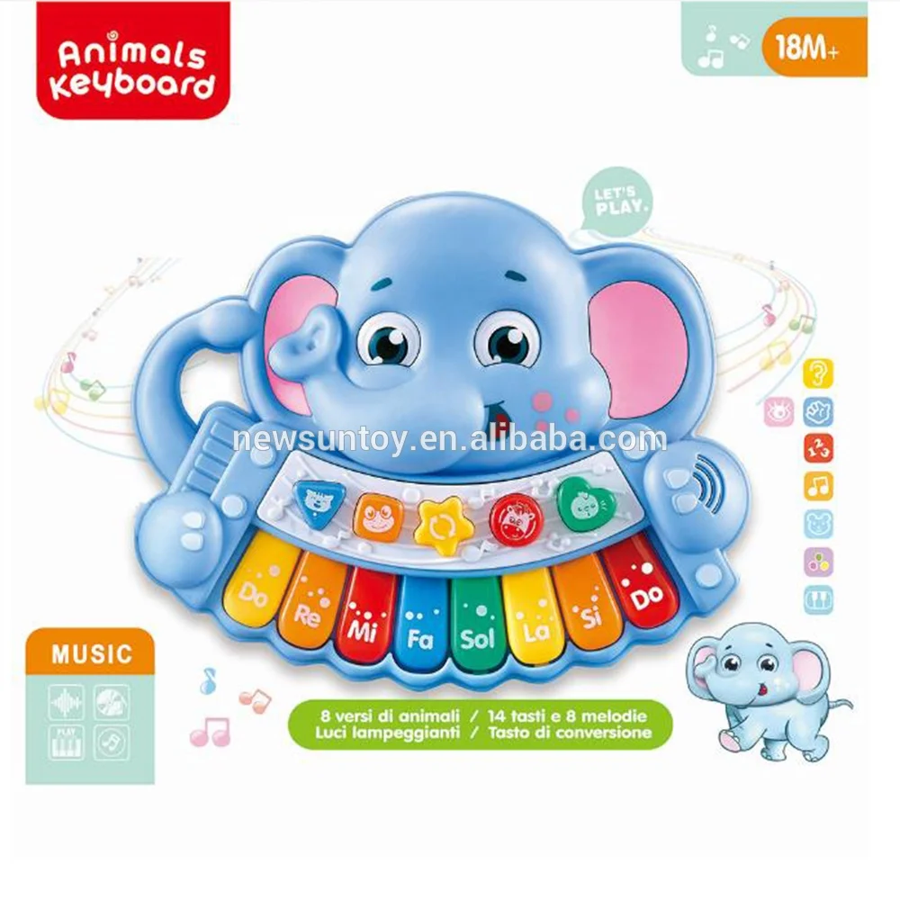 Wholesale educational cartoon elephant musical piano  keyboard electronic organ set musical instrument toy with music and light.
