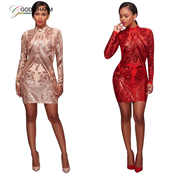 *GC-86970809  2022 new arrivals design woman embroidery Wholesale  sexy sequin long sleeve fashion bodycon club party mini dress