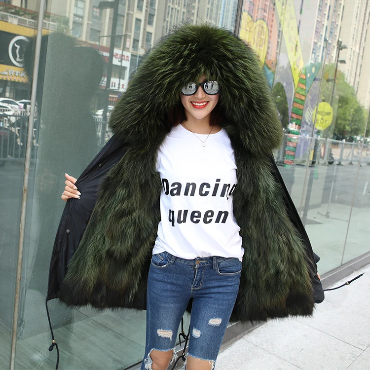 2018 Winter Warm Hooded Real Fox Army Green parka fur jacket For Women