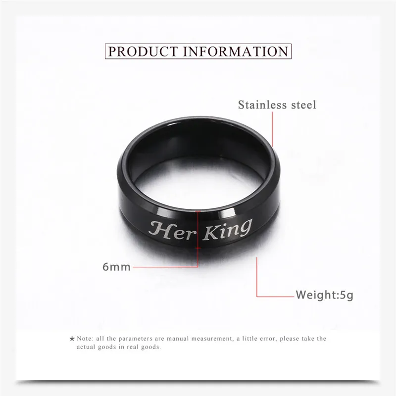 Hot Selling Her King His Queen Stainless Steel Silver Plated Engagement Wedding Band Promise Rings for Men Women