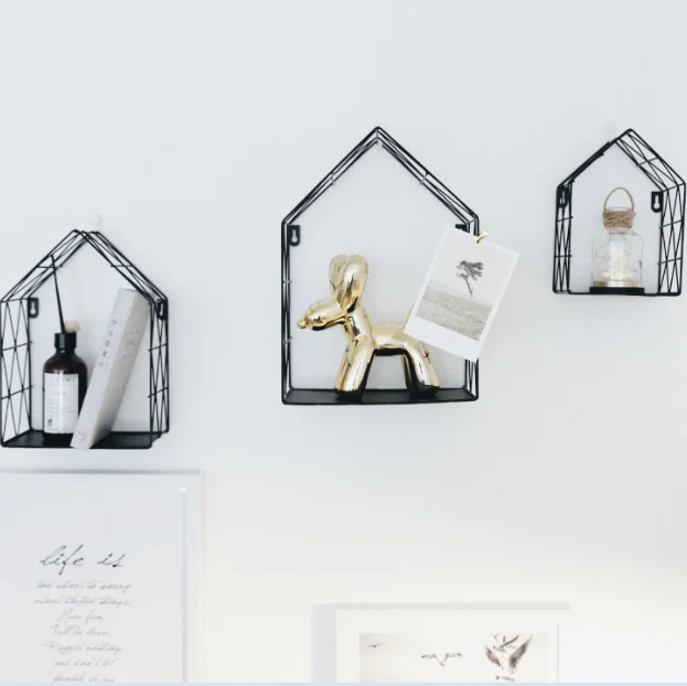 Living room furniture house design set of 3 black metal wire wall shelf rack for promotional