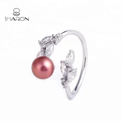 Wholesale  Leaves Jewelry Sterling Silver Adjustable Girl Real Freshwater Pear Crystal  Ring