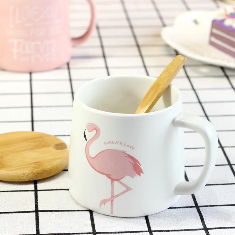 Flamingo Milk Mug with Lid Spoon Cute Ceramic Creative Coffee Mugs Porcelain Tea Cup Home Office Drinkware Gifts