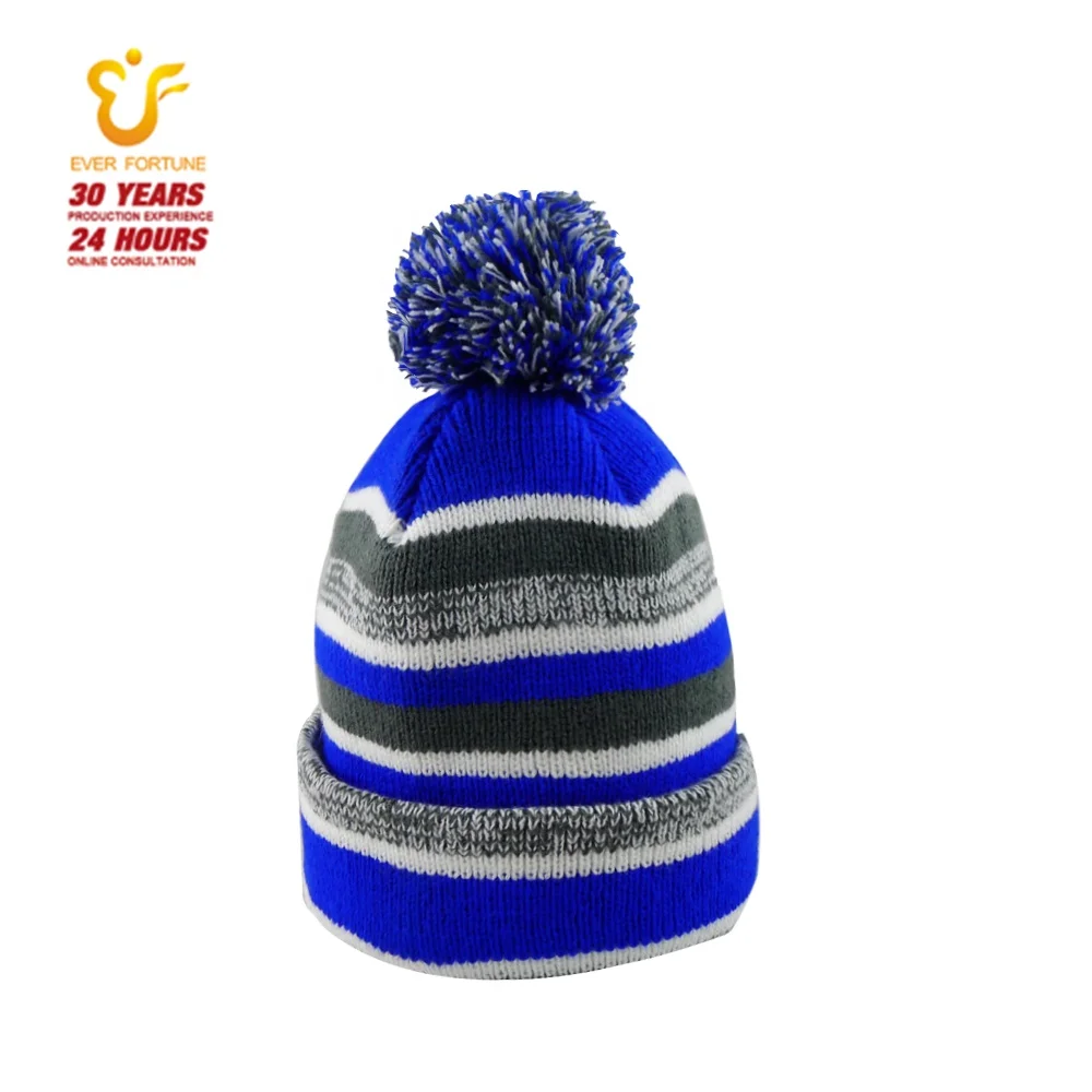 
High quality classic winter knit cuff hats custom toque tuque pom pom beanie acrylic ski hats with variegated stripes unisex 