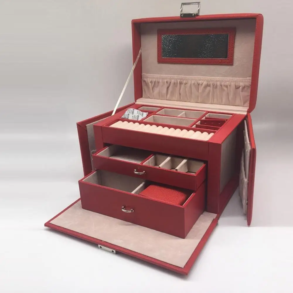 Custom Logo PU Leather Handmade 3 Layers Jewelry Set Box With Lock