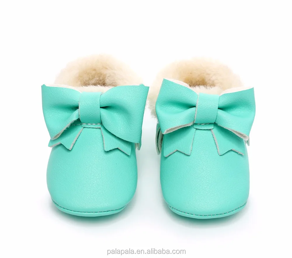winter Tassel baby moccasin fleece bow shoes PU leather soft sole baby fringe boots