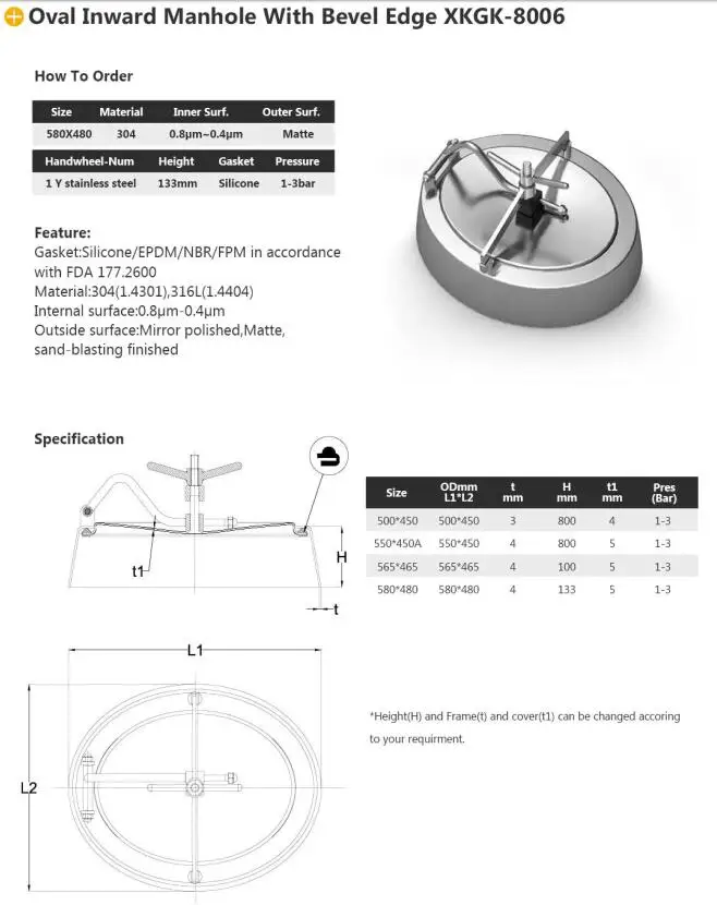 Food and Beverage Tank sanitary Stainless Steel SS304 Oval Manhole Cover stainless steel Manway