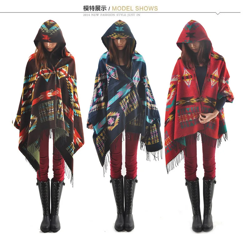 Women winter scarf cashmere Bohemian Hooded Coat Cape Poncho Shawl Scarf Tribal Fringe Hoodie Jacket capes