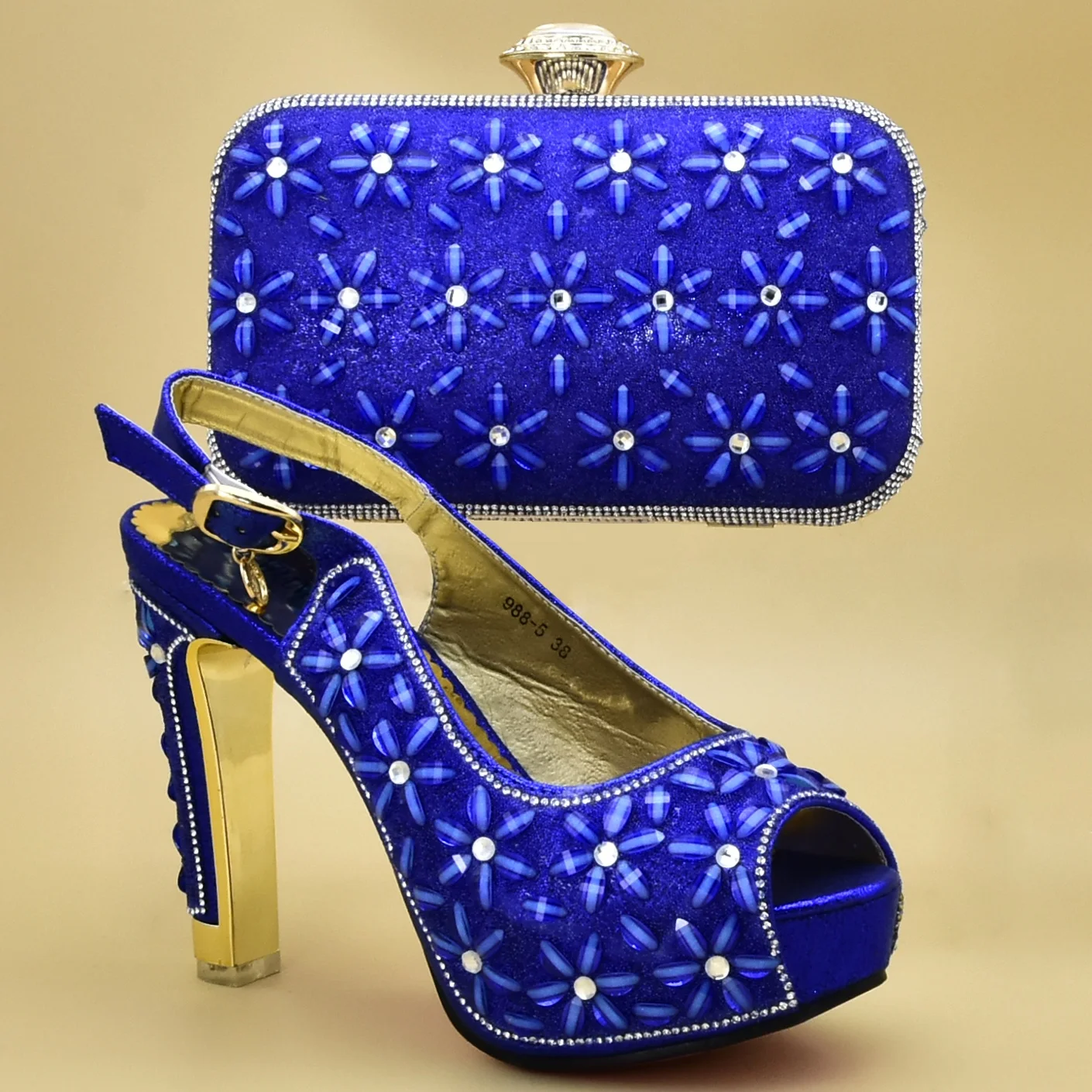 Hot sale leather italian shoes and bag set to match party wedding shoes women heels royal blue ES62-1