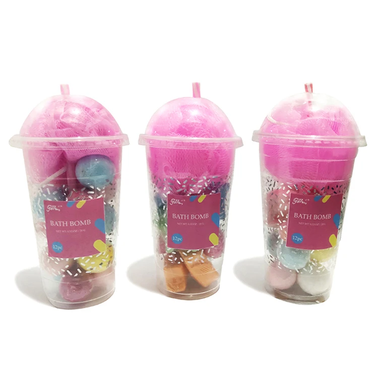 12 pcs of 15g pet cup with 20g bath pouf and plastic straw bath bombs