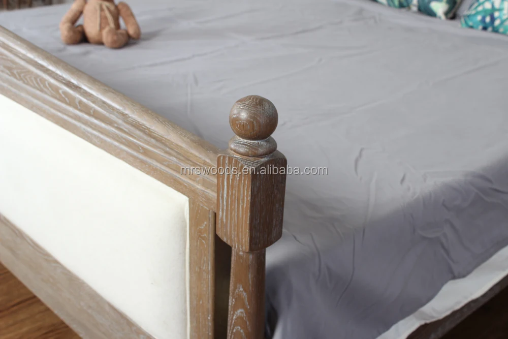 Linen upholstered french weathered oak bed frame