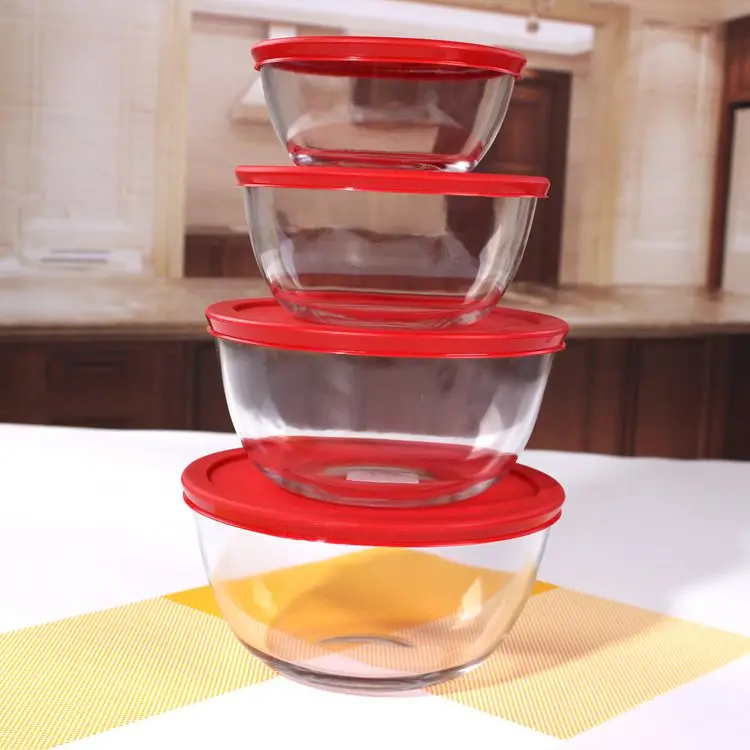 Cheap 4PCS Glass Bowl Set With Plastic Lids,Glass Salad Bowl For Wholesale